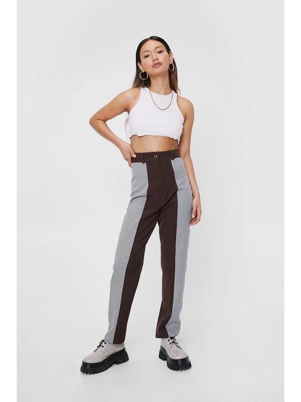 Nasty Gal Two-Tone High-Waist Panel Trousers in Brown and Gray